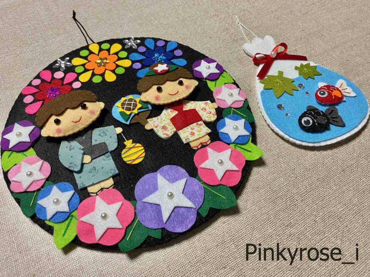 ◎ハンドメイドフェルト◎花火と金魚の夏祭りリース 壁飾り