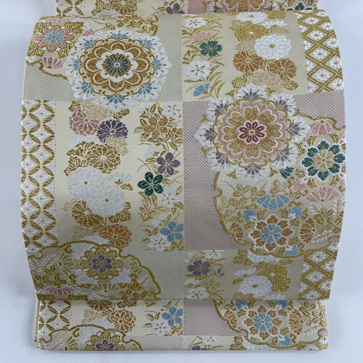 袋帯 美品 秀品 華文 花唐草 箔 茶緑色 六通 正絹 【中古】 【公式通販】 袋帯 美品 秀品 華文 花唐草 箔 茶緑色 六通 正絹 【中古】 【公式通販】