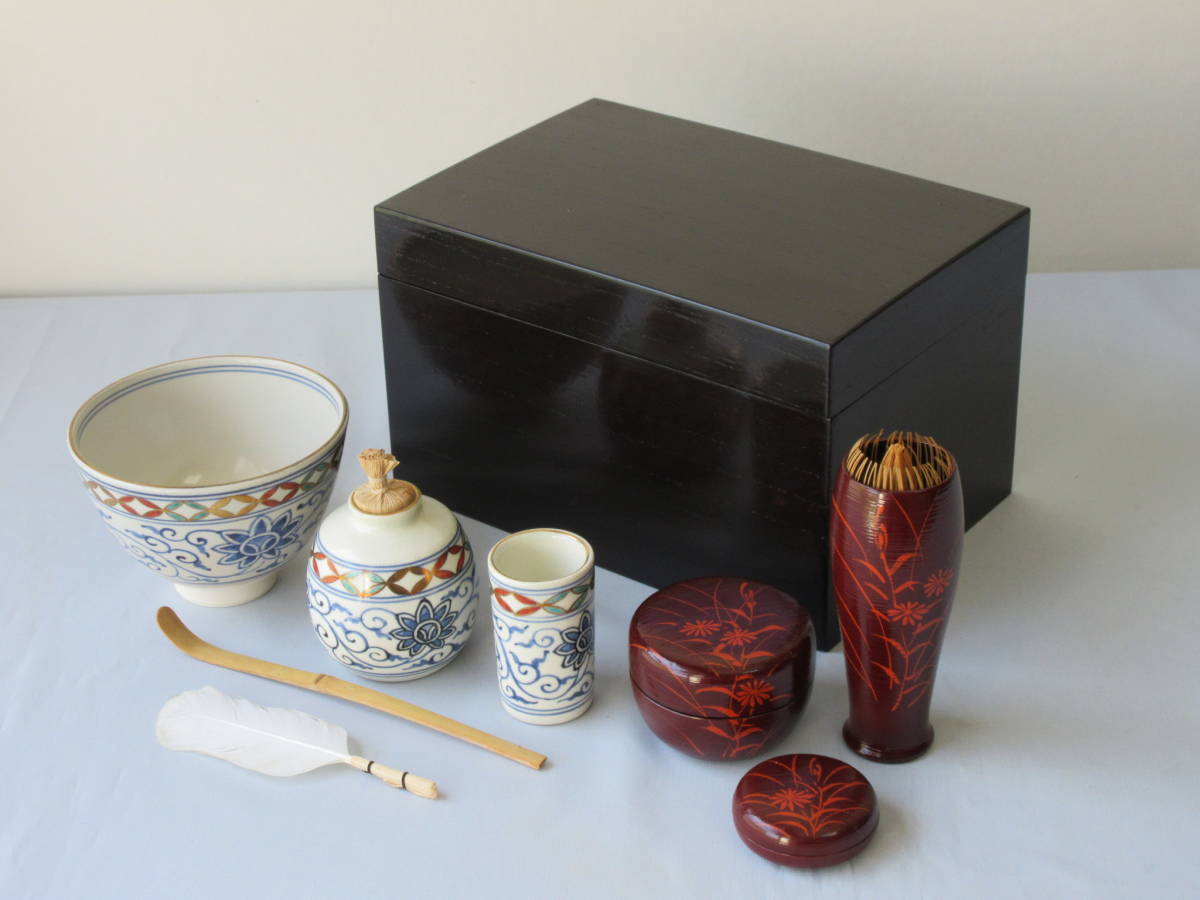 黒漆塗 桐 利休茶箱揃】【黒漆塗 桐 茶箱10点セット】美品 茶碗 