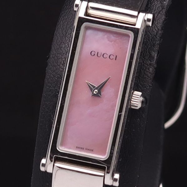 1円 稼働 良品 箱/保証書付 定価約￥69，000 グッチ QZ 1500L バングルウォッチ スクエア ピンクシェル文字盤 レディース腕時計 0066000YSD