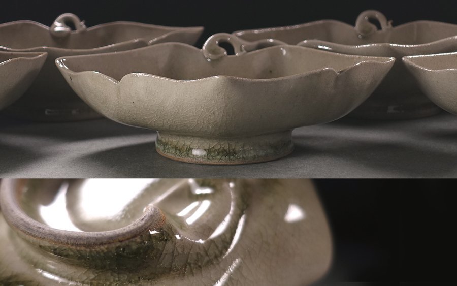 ∇花∇秀逸時代茶道具 御深井釉銀杏形向付五客揃 釉溜り格別美しい逸品  