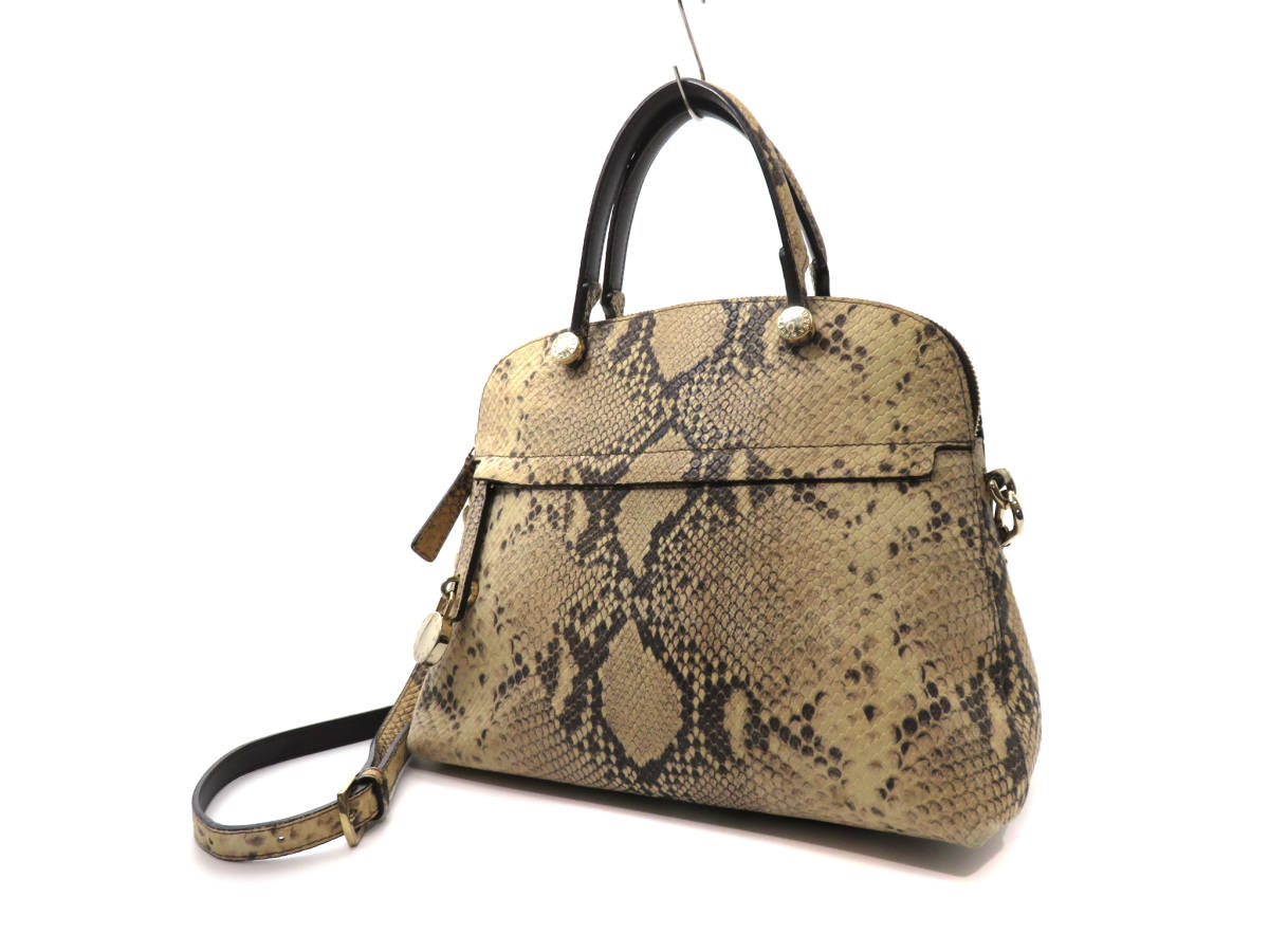 9550 美品 FURLA フルラ パイパー パイソン柄 型押しレザー G金具 2WAY ハンドバッグ ショルダーバッグ 肩掛け鞄 ベージュ 伊製 レディース