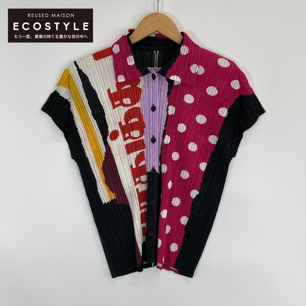 新品同様/ PLEATS PLEASE プリーツプリーズ PP31-JJ902 総柄 プリーツ 半袖ブラウス/ トップス 3 マルチカラー レディース