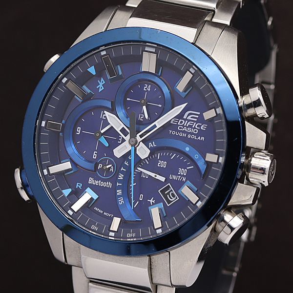 1円 稼働 良品 箱/コマ3/保証書付 カシオ ソーラー EQB-501 エディフィス Bluetooth デイデイト 青文字盤 メンズ腕時計 8008000SMD