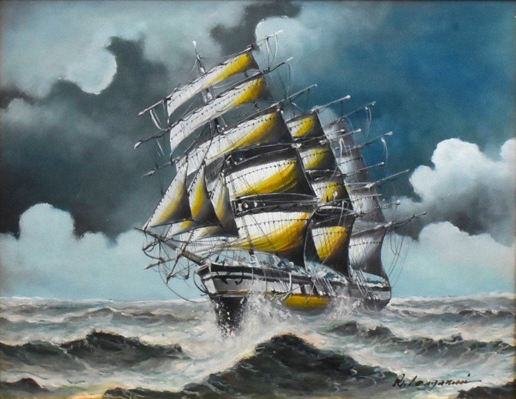 真作】 R.ロンガネシ 「帆船」 油彩画 6F 額付き ・イタリア国内外問わ