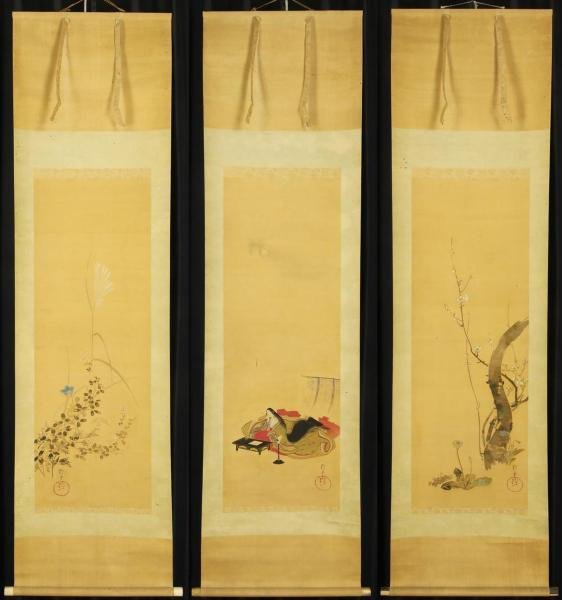 模写】【WISH】酒井抱一「三幅対 春花・紫式部・秋花」日本画 掛軸