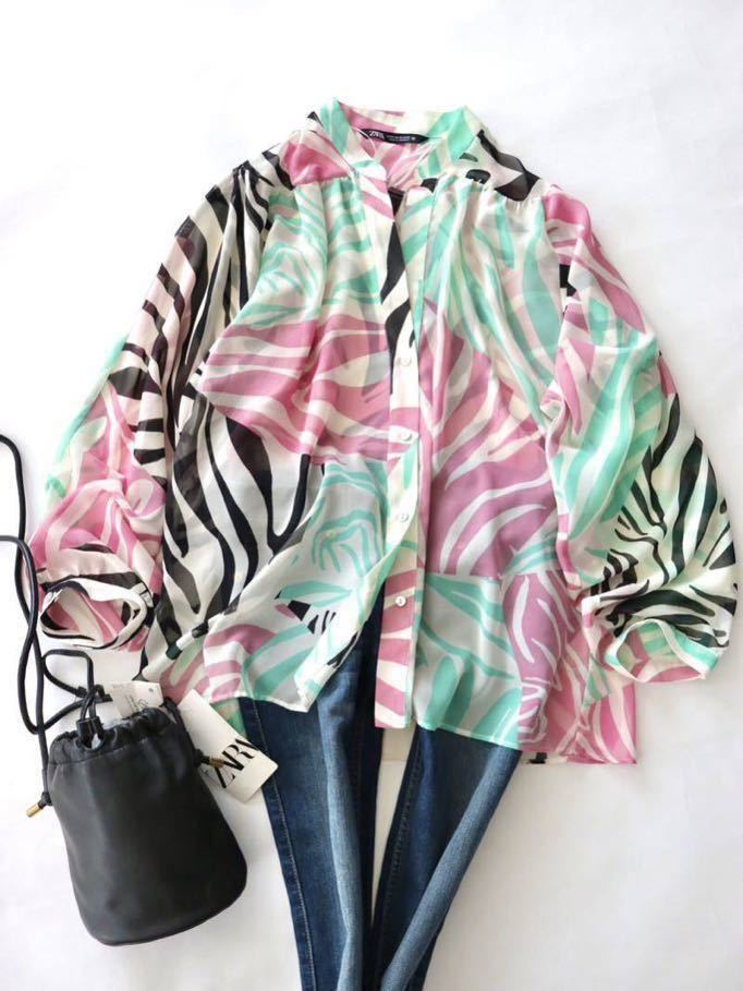 ZARA ザラ 大人素敵 プリントシアー ブラウス 華やか 綺麗色 シャツ パステルカラー ふんわり袖 トップス 春夏 XSサイズ