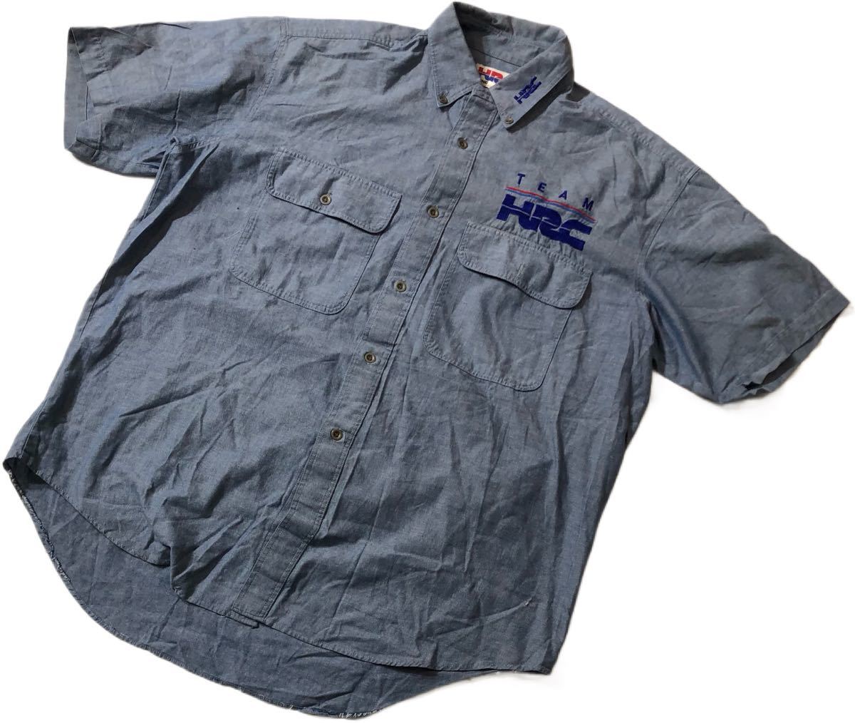 ■ HONDA HRC ホンダ レーシング ■ バック パネル ビッグ ロゴ 刺繍 半袖 ボタンダウン シャツ インディゴブルー L