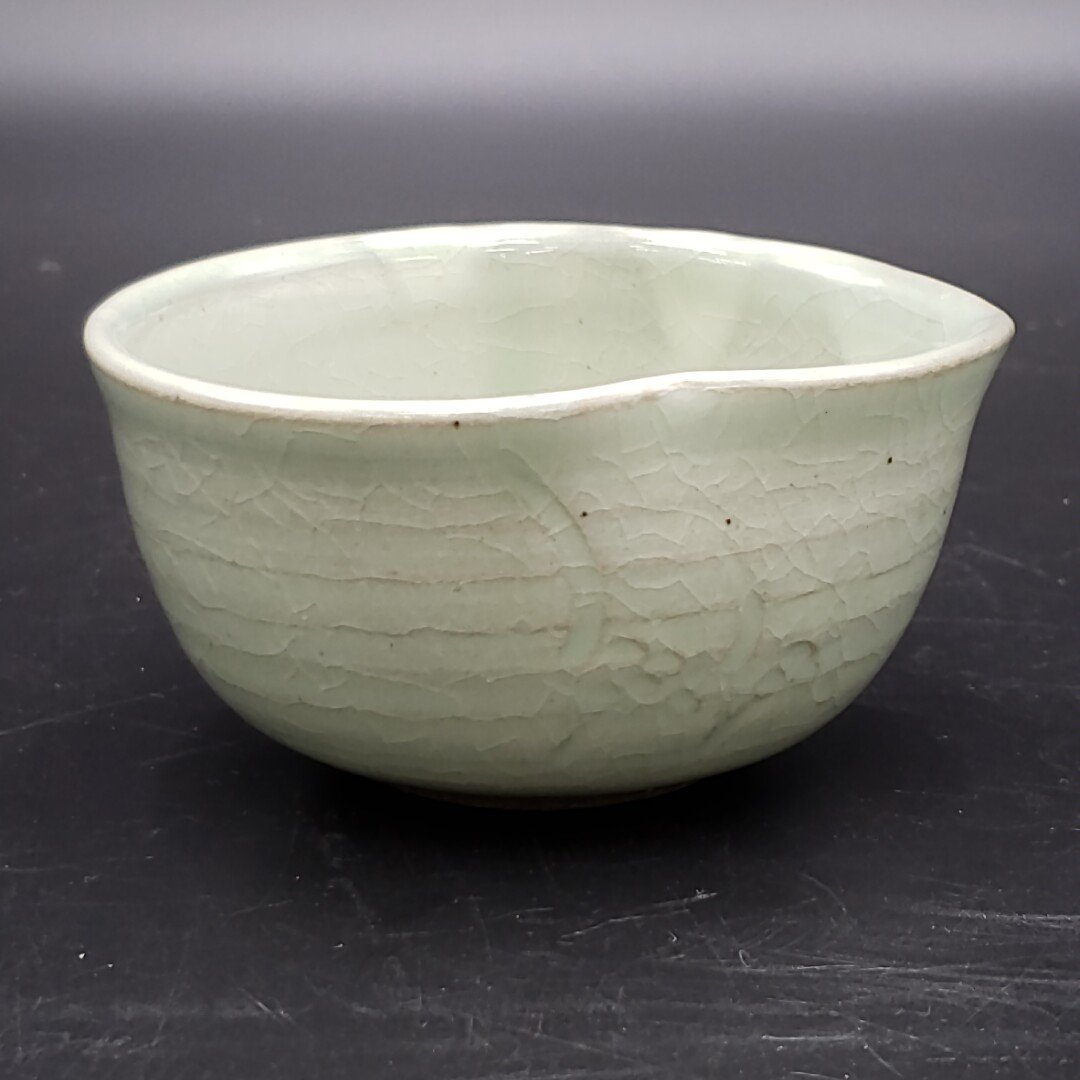 清水焼 煎茶器 平安 昌久造 青磁 花彫 湯呑み5客 急須 湯冷まし 共箱