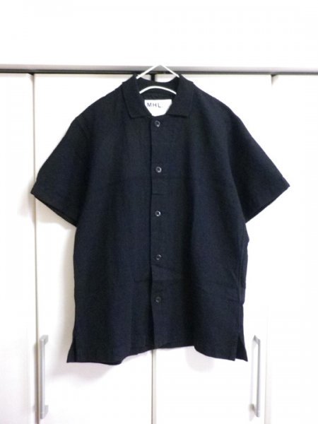 美品 MHL. マーガレットハウエル Tシャツカットソー 前開きシャツ 襟付き メンズM ブラック系 さらり 涼しい / 鹿の子 / エムエイチエル
