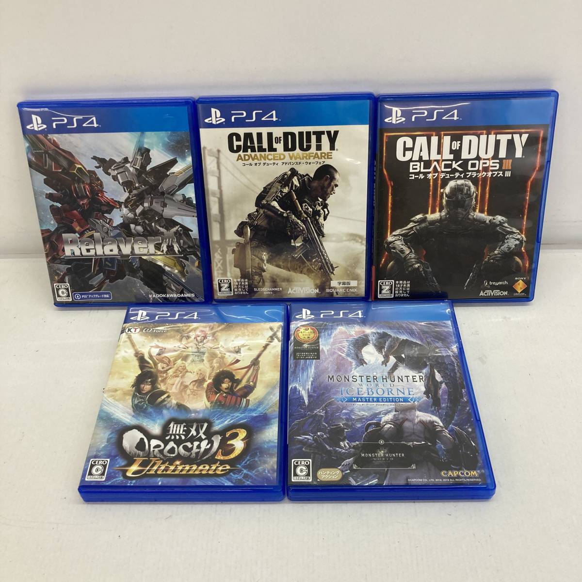  No.6050 1円 PS4 PS4ソフト5本セット Relaver/COD AW/CODブラックオプスⅢ/無双OROCHI3/モンハン アイスボーン 品(PS4ソフト)｜売買されたオークション情報、yahooの商品情報をアーカイブ公開 - オークファ PS4ソフト