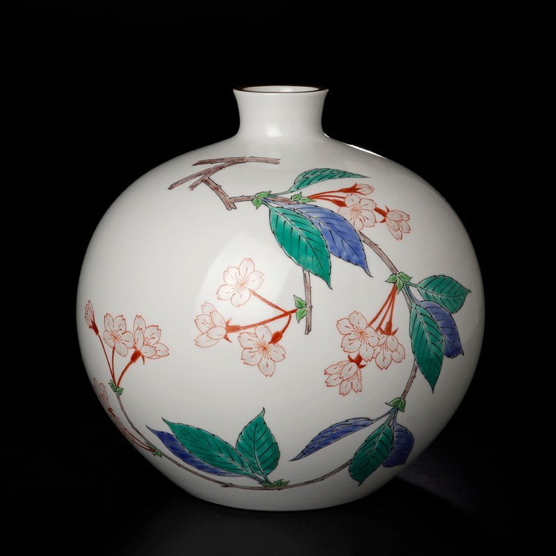 【古美味】十五代酒井田柿右衛門作 濁手 桜文 瓶 茶道具 保証品 W1Gs_2