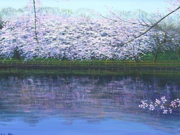 真作】【WISH】木村秀夫「桜咲く井ノ頭池」油彩 6号 ◇満開桜図