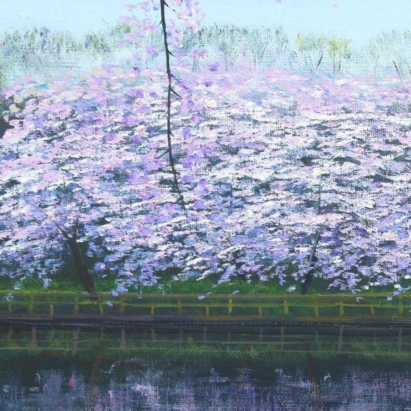 木村秀夫さんの油彩画6号です。 真作】【WISH】木村秀夫「桜咲く井ノ頭池」油彩 6号 ◇満開桜図