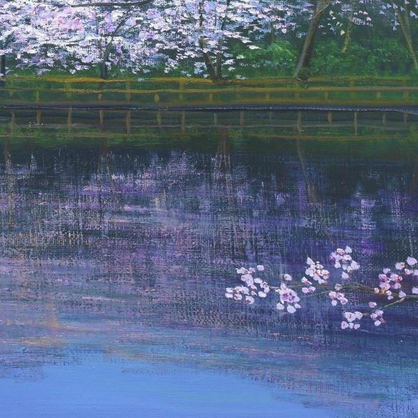 真作】【WISH】木村秀夫「桜咲く井ノ頭池」油彩 6号 ◇満開桜図