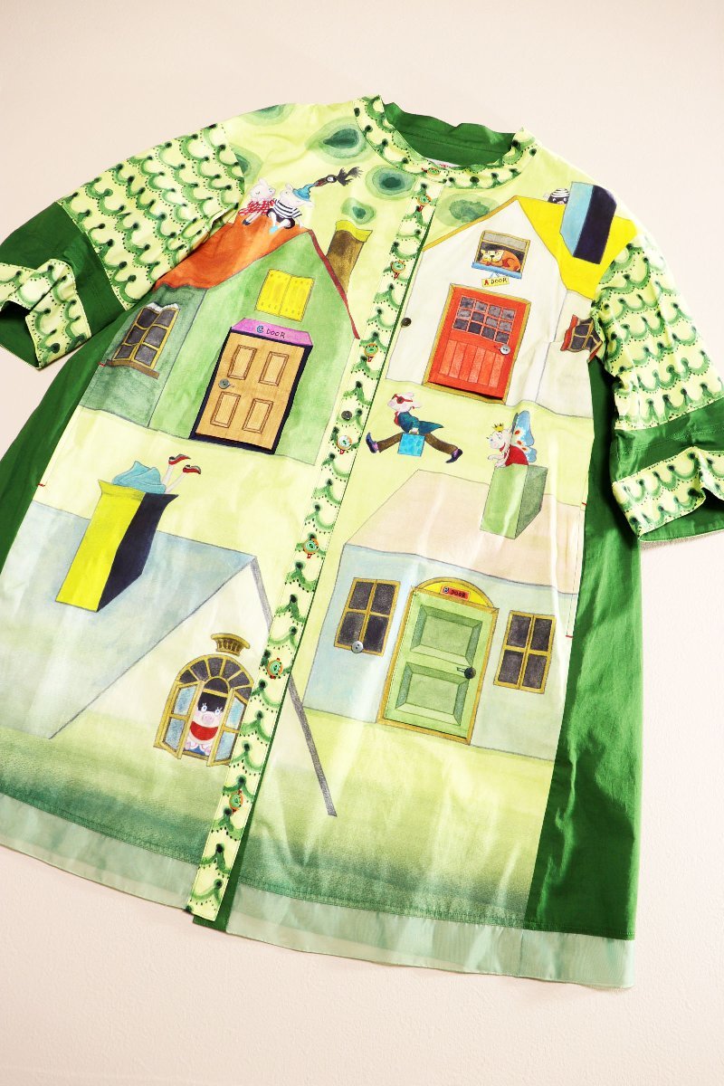 ★未使用2021★アルベロベロ/着る絵本/7分袖シャツチュニック定価4.2万：緑系xu898