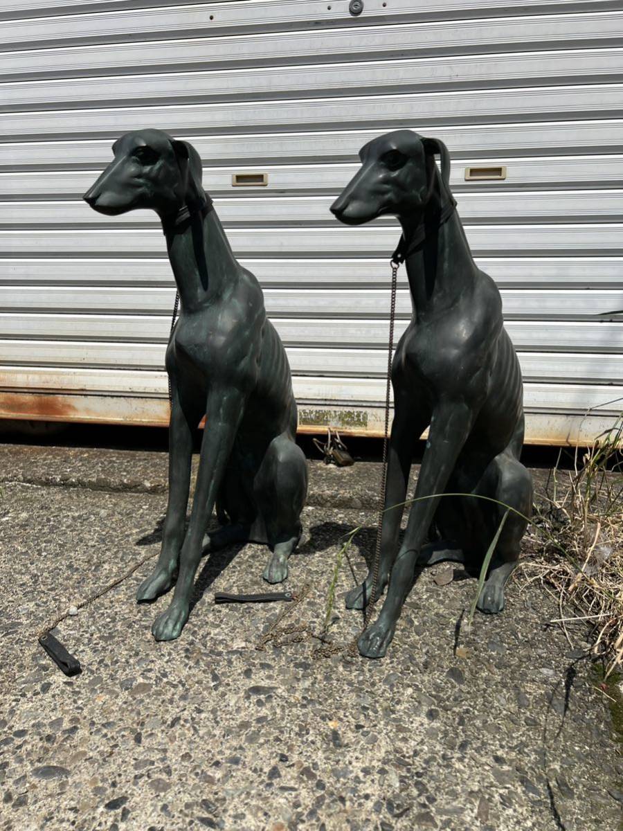 犬 グレイハウンドのブロンズ？置物2体セット グレイハウンド 犬 ブロンズ像 2体セット 中古 約58cm38cm17cm