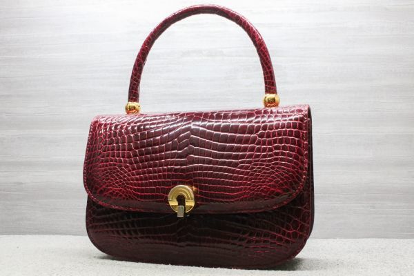 良品 シャイニング クロコダイル ハンドバッグ ボルドー G金具