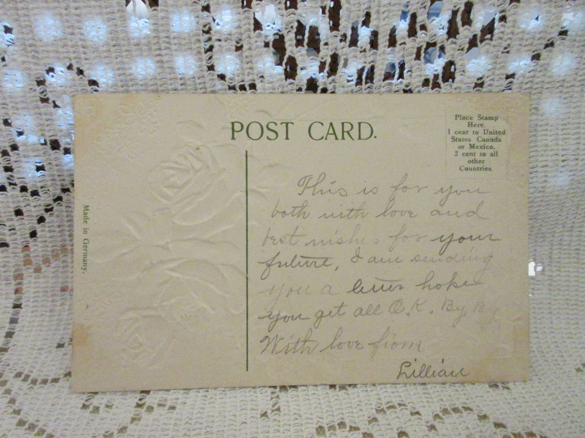 ドイツ製　アンティーク　絵葉書　ポストカード　エンボス加工　薔薇　メッセージ　未投函_2