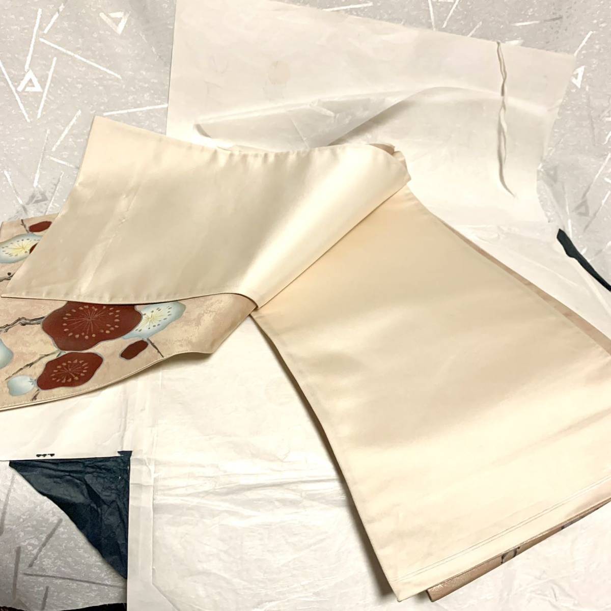 美品【小野喜象？】落款あり 正絹 手描き 袋帯 六通し ラメ 紅白梅に鶯