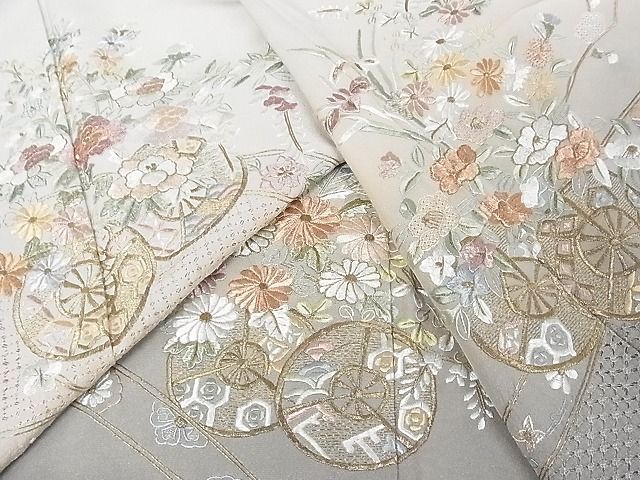 着物屋こころ■訪問着　中国三大刺繍　スワトウ刺繍　汕頭刺繍　花車文　暈し染め　金糸　着丈160.5cm　裄丈66cm　正絹　逸品　A-ma5842