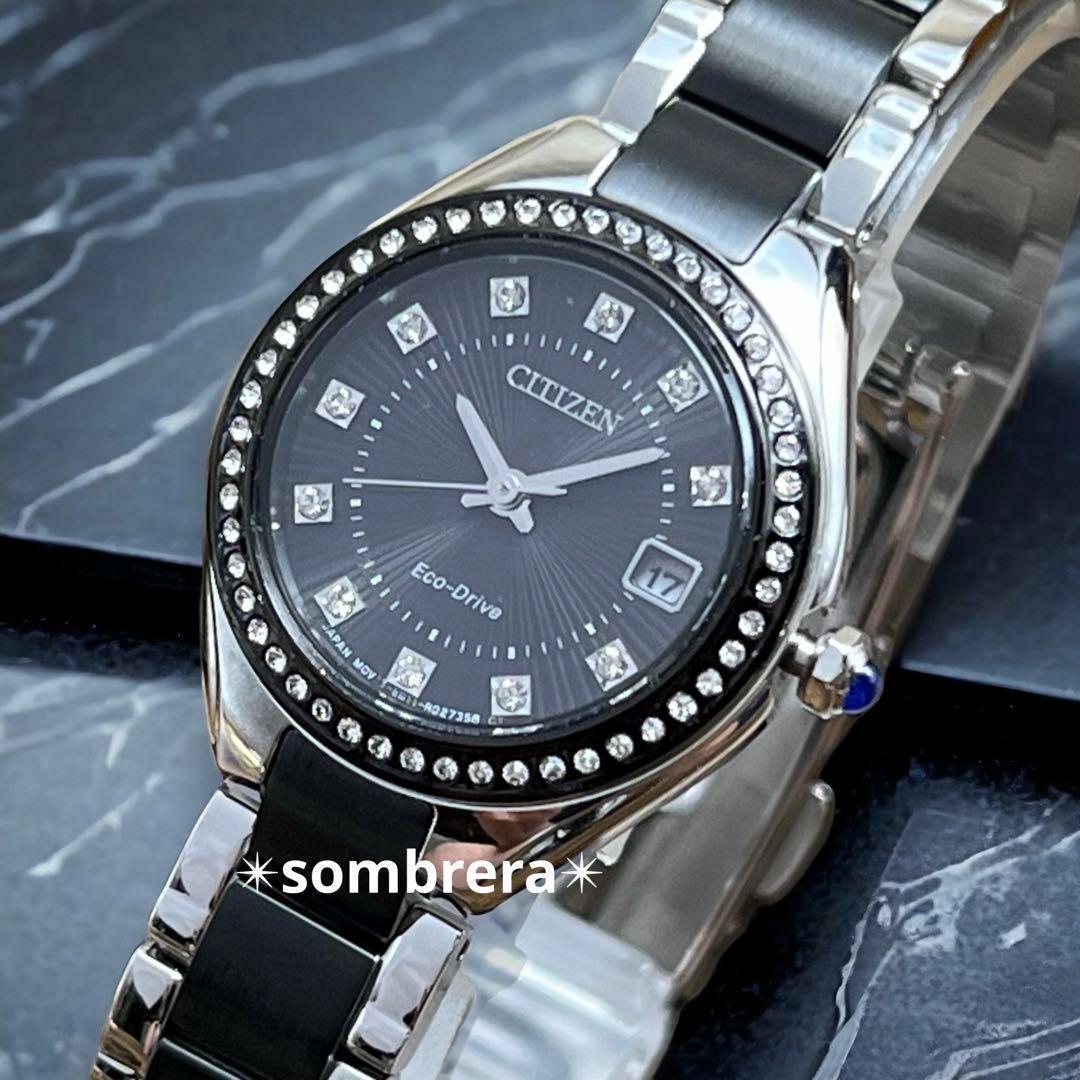 【新品】CITIZEN シチズン eco-Drive エコドライブ ソーラー ブラック レディース腕時計 クリスタル ステンレススチール 青リューズ