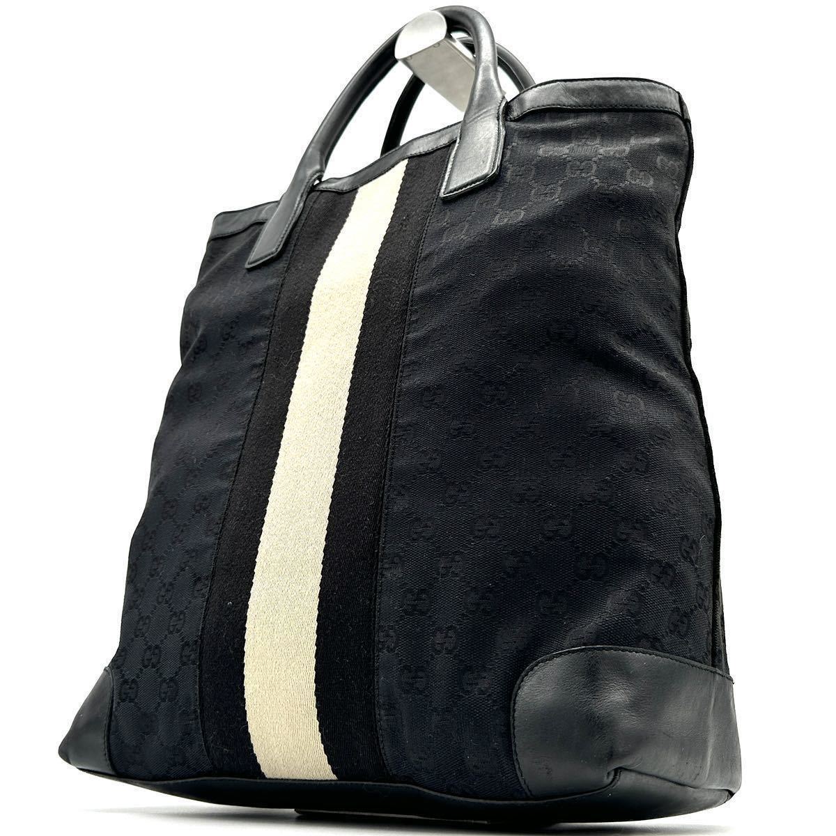 美品 GUCCI グッチ トートバッグ シェリーライン GG柄 キャンバス レザー ハンド 肩掛け A4 PC ビジネス ブラック 黒 メンズ ユニセックス