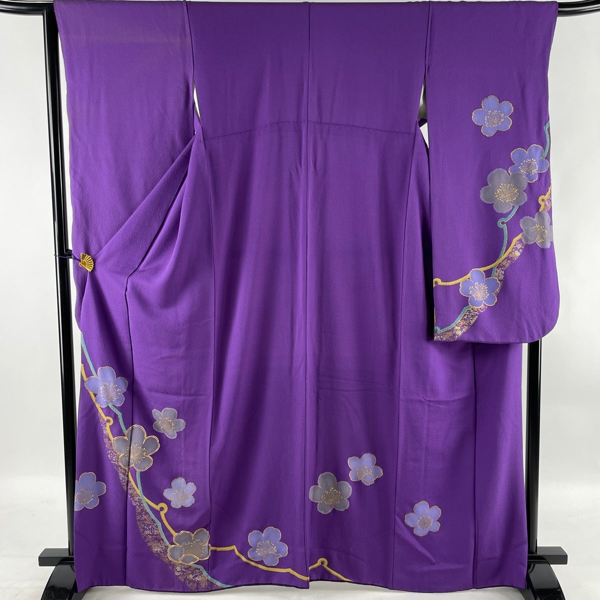 振袖 秀品 花 金糸 金彩 濃紫 袷 身丈166cm 裄丈67cm M 正絹 【中古 