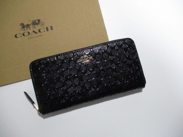 COACH 長財布 新品 同様 未使用 正規品 [23] ジッピーウォレット メンズ レディース F54805 エナメル シグネチャー ブラック
