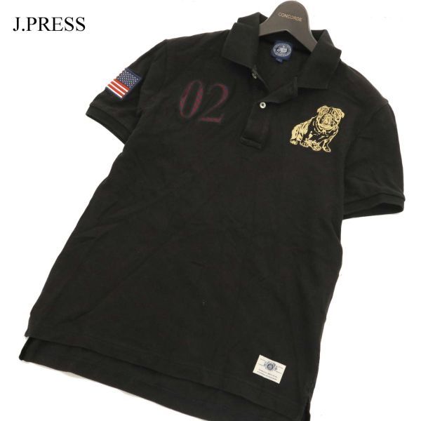 J.PRESS ジェイプレス ワッペン★ 【ナンバリング フレンチブルドッグ 刺繍】 半袖 鹿の子 ポロシャツ Sz.M　メンズ 黒　C3T05695_6#A