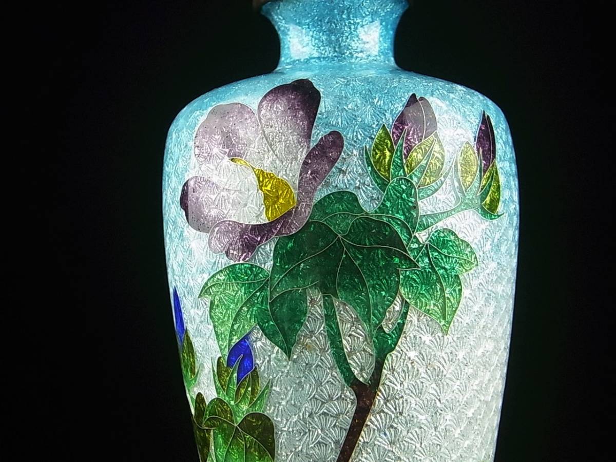 明治期 尾張七宝 銀張銀線 草花図花瓶 細密工芸 グラデーション 明治