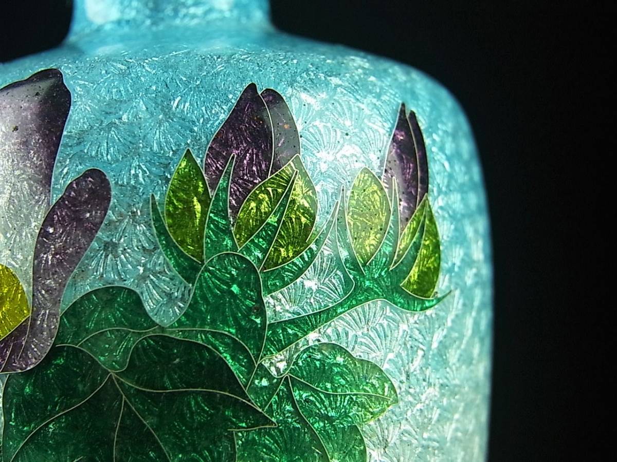 明治期 尾張七宝 銀張銀線 草花図花瓶 細密工芸 グラデーション 明治