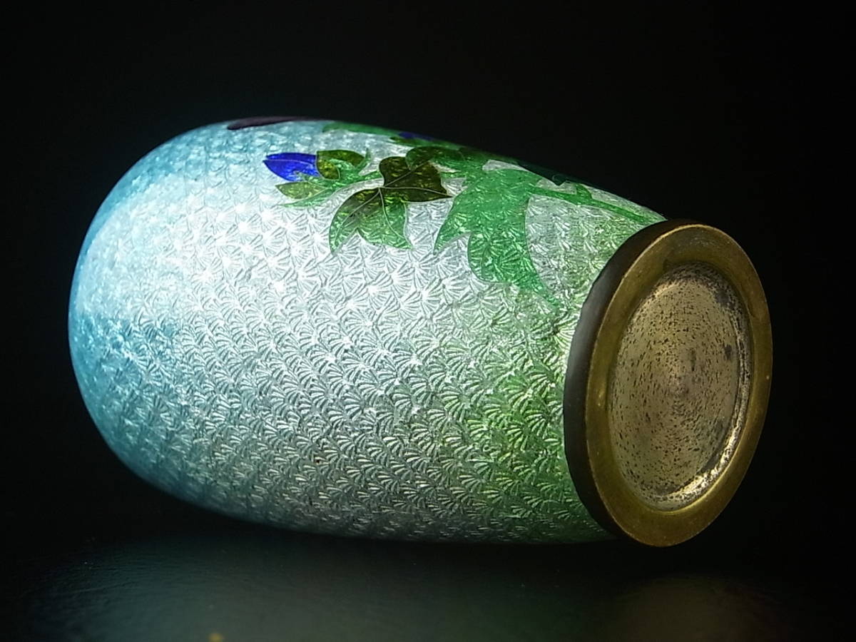 明治期 尾張七宝 銀張銀線 草花図花瓶 細密工芸 グラデーション 明治