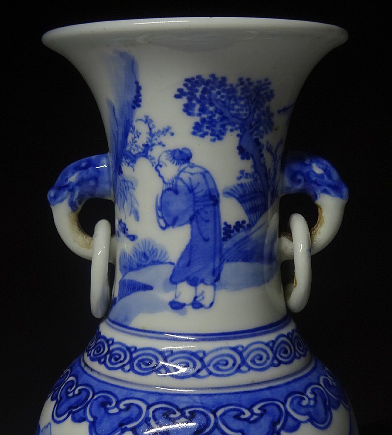 緑屋i□ 中国古玩 染付 双耳 花瓶 壺 大明成化年