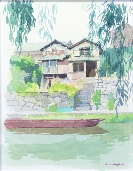 真作】【WISH】西房浩二「柳と赤い船」水彩 共シール ◇川辺の家 〇日