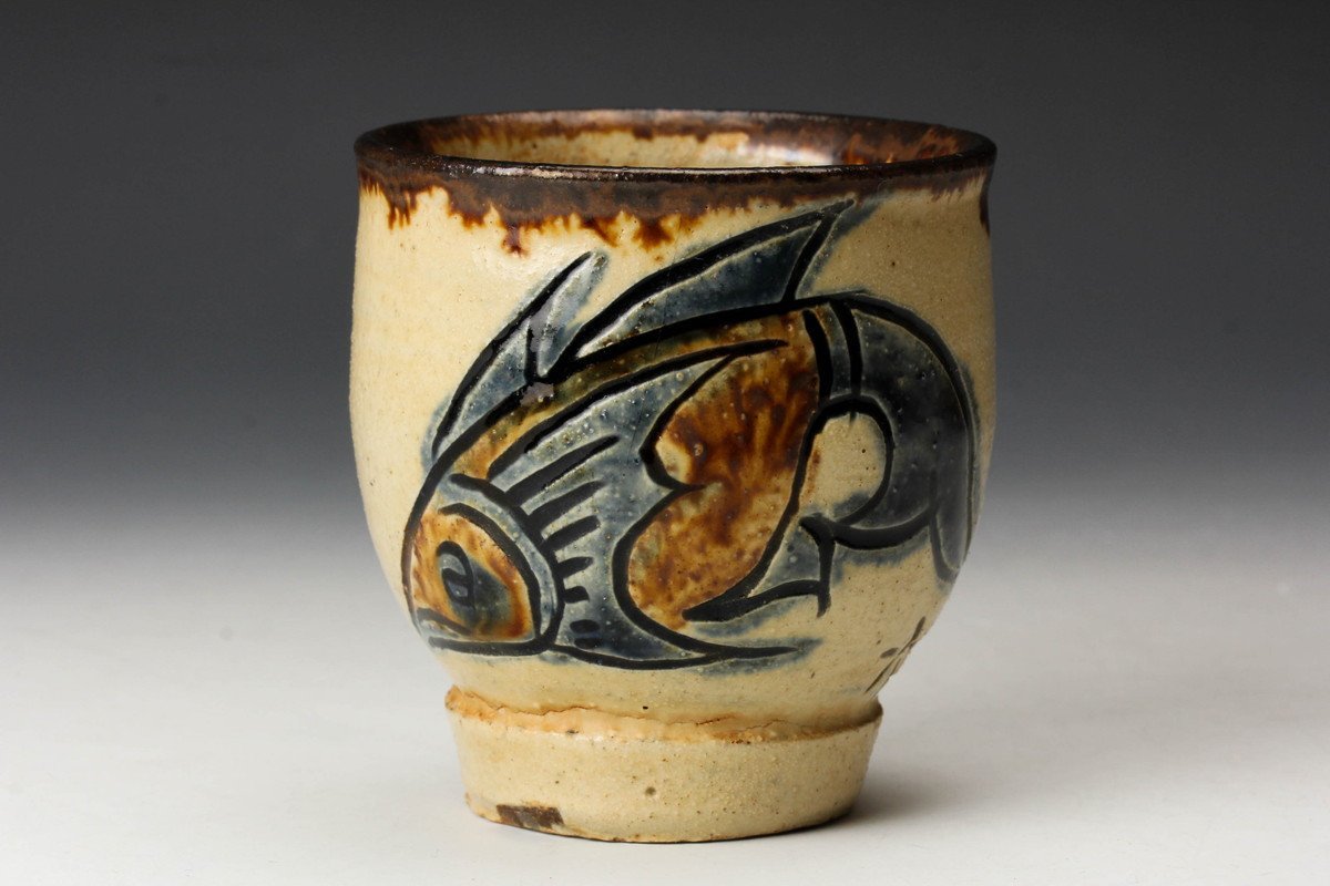 人間国宝 金城次郎 海老魚紋湯呑 共箱 本物保証 本物保証金城次郎