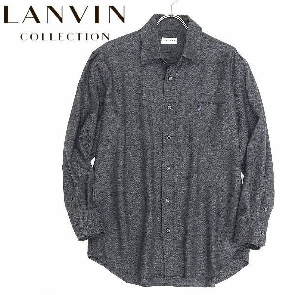 ◆LANVIN COLLECTION ランバン コレクション カシミヤ混 ヘリンボーン柄 ロゴ刺繍 ウール 長袖 シャツ チャコールグレー L