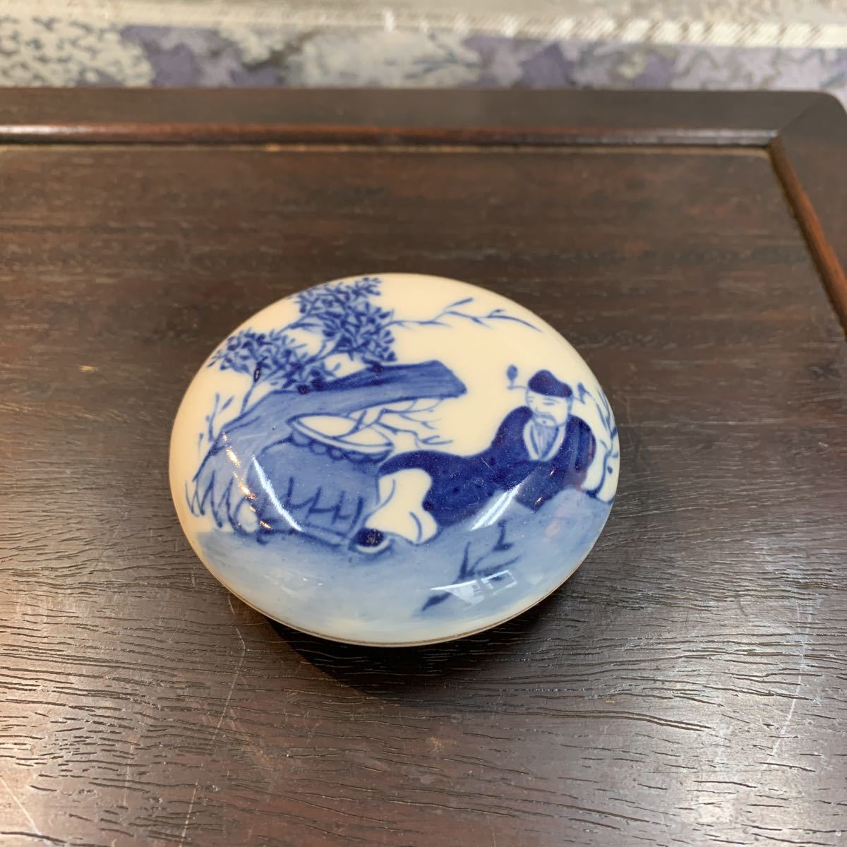 唐物　染付香合　印泥入れ　在銘　中国美術　茶道具