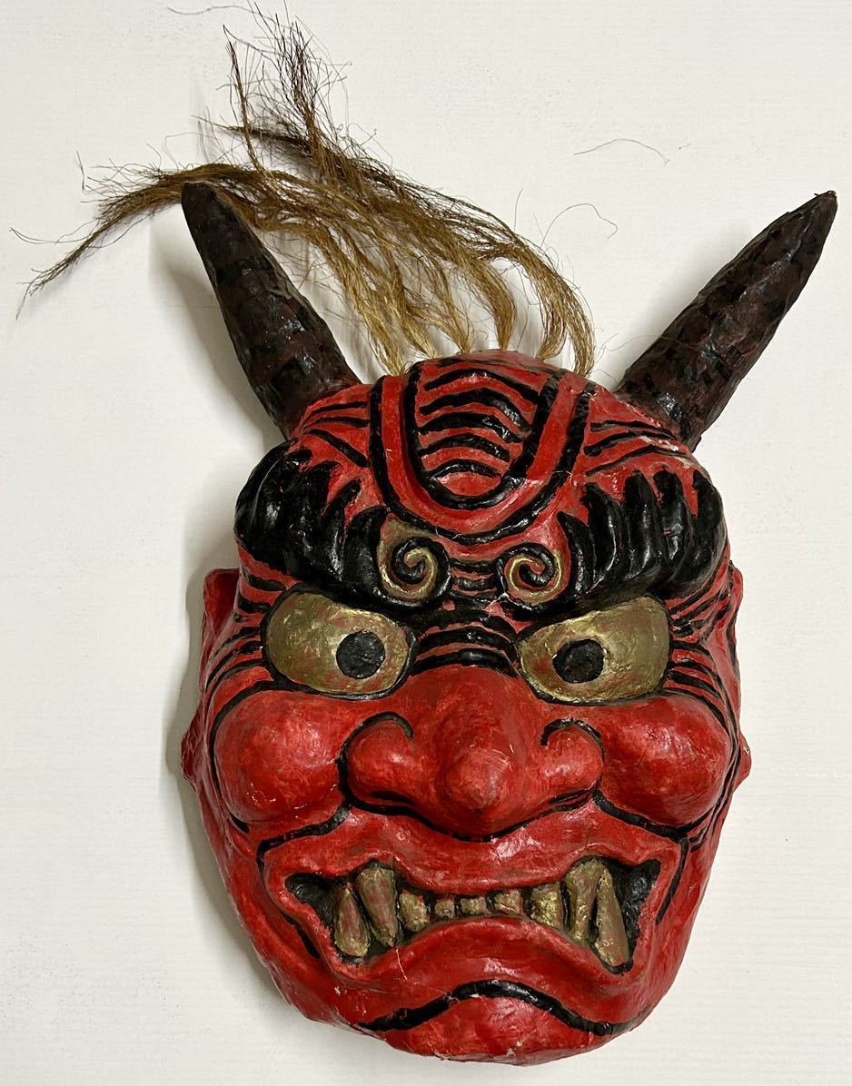 時代物□赤鬼壁掛け特大張り子面44cm□お面鬼面古民芸魔除け厄除神楽 