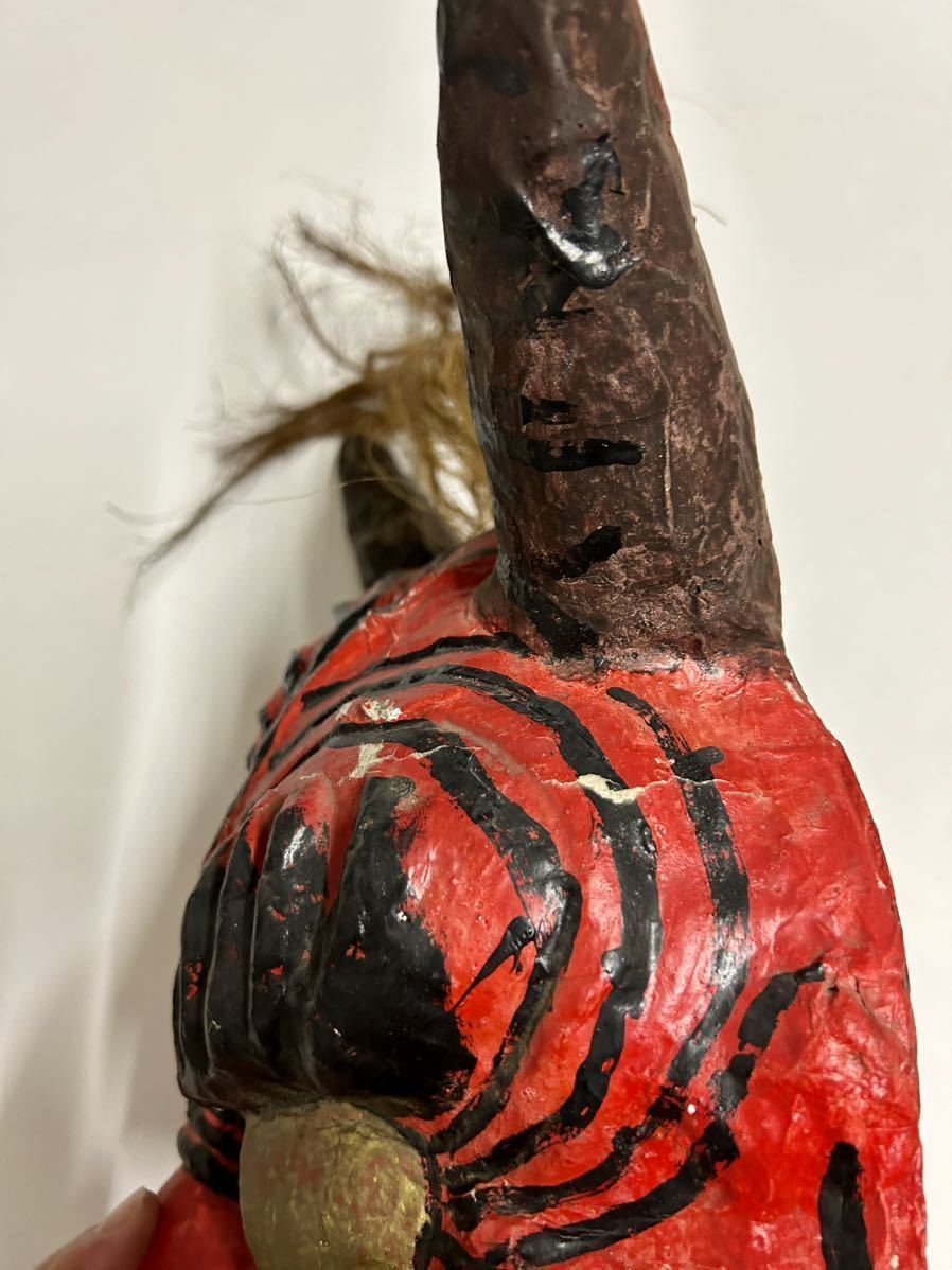 時代物□赤鬼壁掛け特大張り子面44cm□お面鬼面古民芸魔除け厄除神楽  