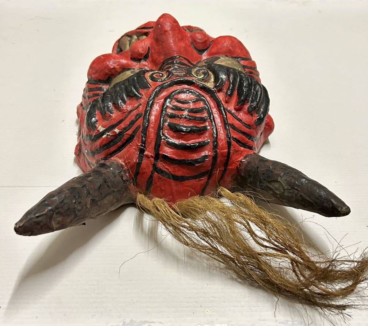 時代物□赤鬼壁掛け特大張り子面44cm□お面鬼面古民芸魔除け厄除神楽 