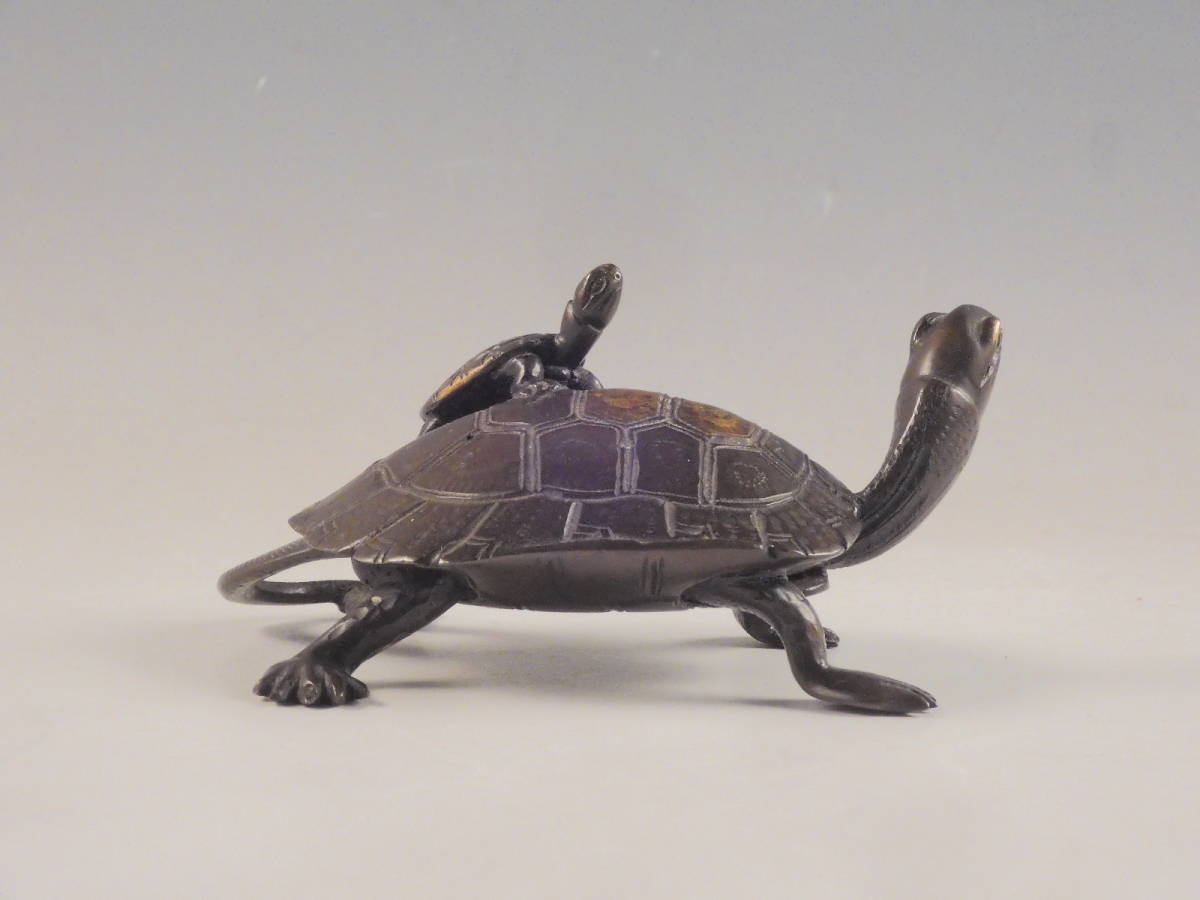 ●栄●古銅 鋳銅 親子亀 彫刻 置物 11.5cm 56s78