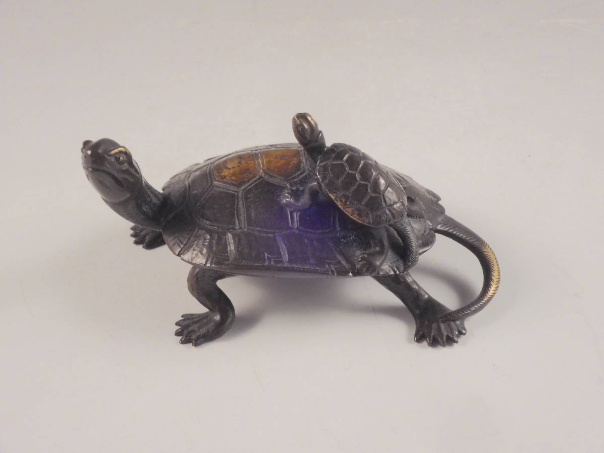 ●栄●古銅 鋳銅 親子亀 彫刻 置物 11.5cm 56s78