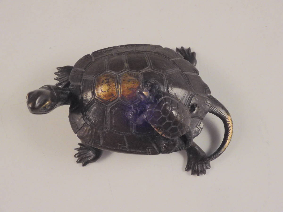 ●栄●古銅 鋳銅 親子亀 彫刻 置物 11.5cm 56s78