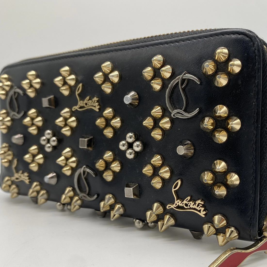 1円 現行品 美品 クリスチャンルブタン Christian Louboutin 長財布 ラウンドファスナー スタッズ パネトーネ レザー メンズ レディース 黒