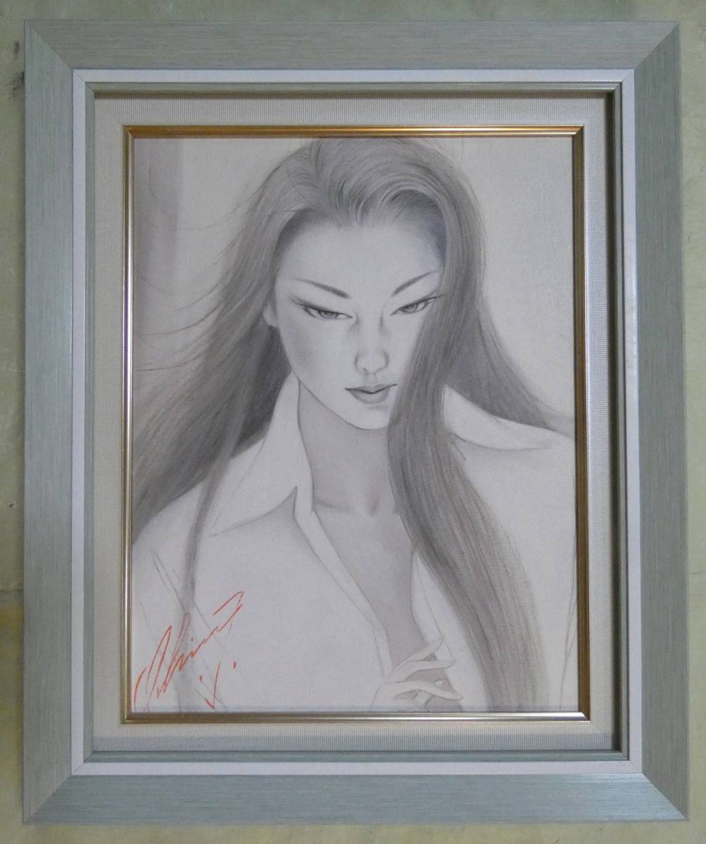 F6 油彩 / 人物画 ○ 絵画 鶴田一郎 【長髮美人画】 正面サイン、裏