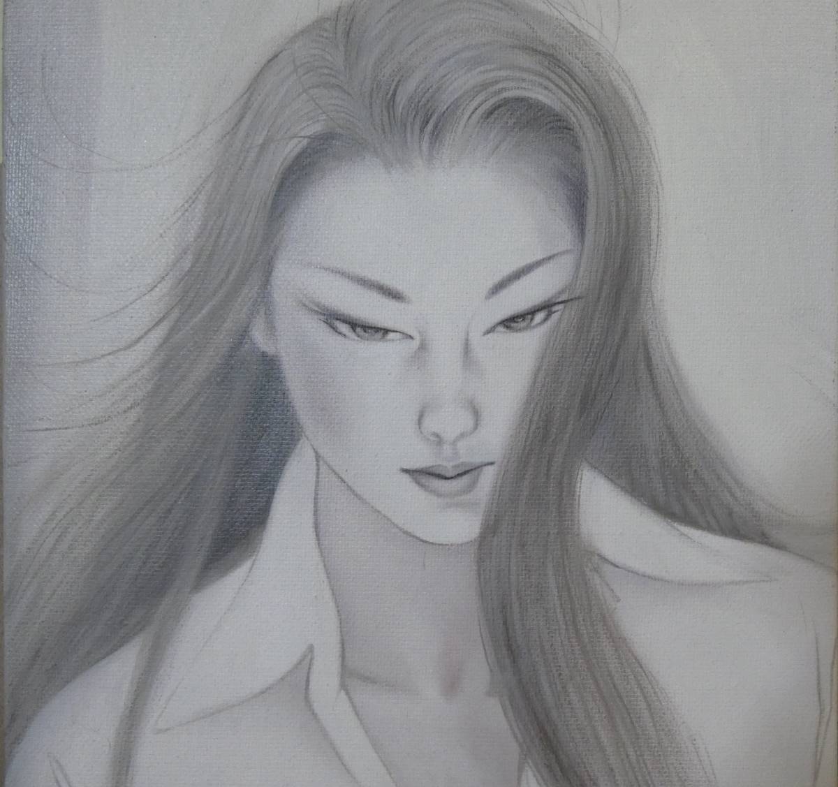 油絵　人物 額付き　鶴田一郎　 F6 【　美人画 】手描き　F6 F6 油彩 / 人物画 ○ 絵画 鶴田一郎 【長髮美人画】 正面サイン、裏