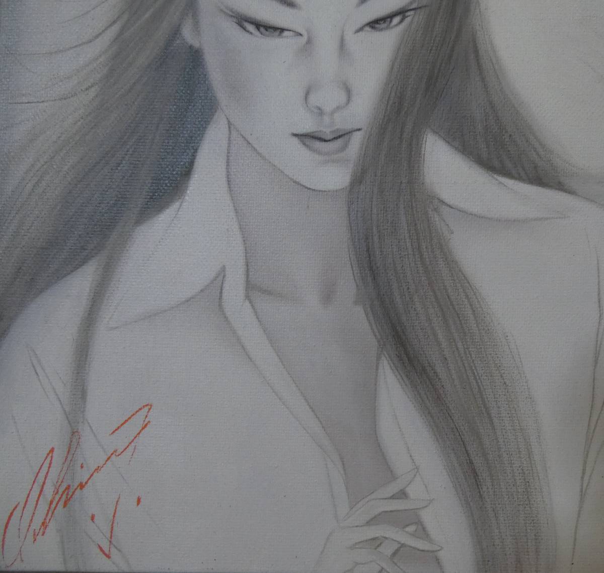 F6 油彩 / 人物画 ○ 絵画 鶴田一郎 【長髮美人画】 正面サイン、裏