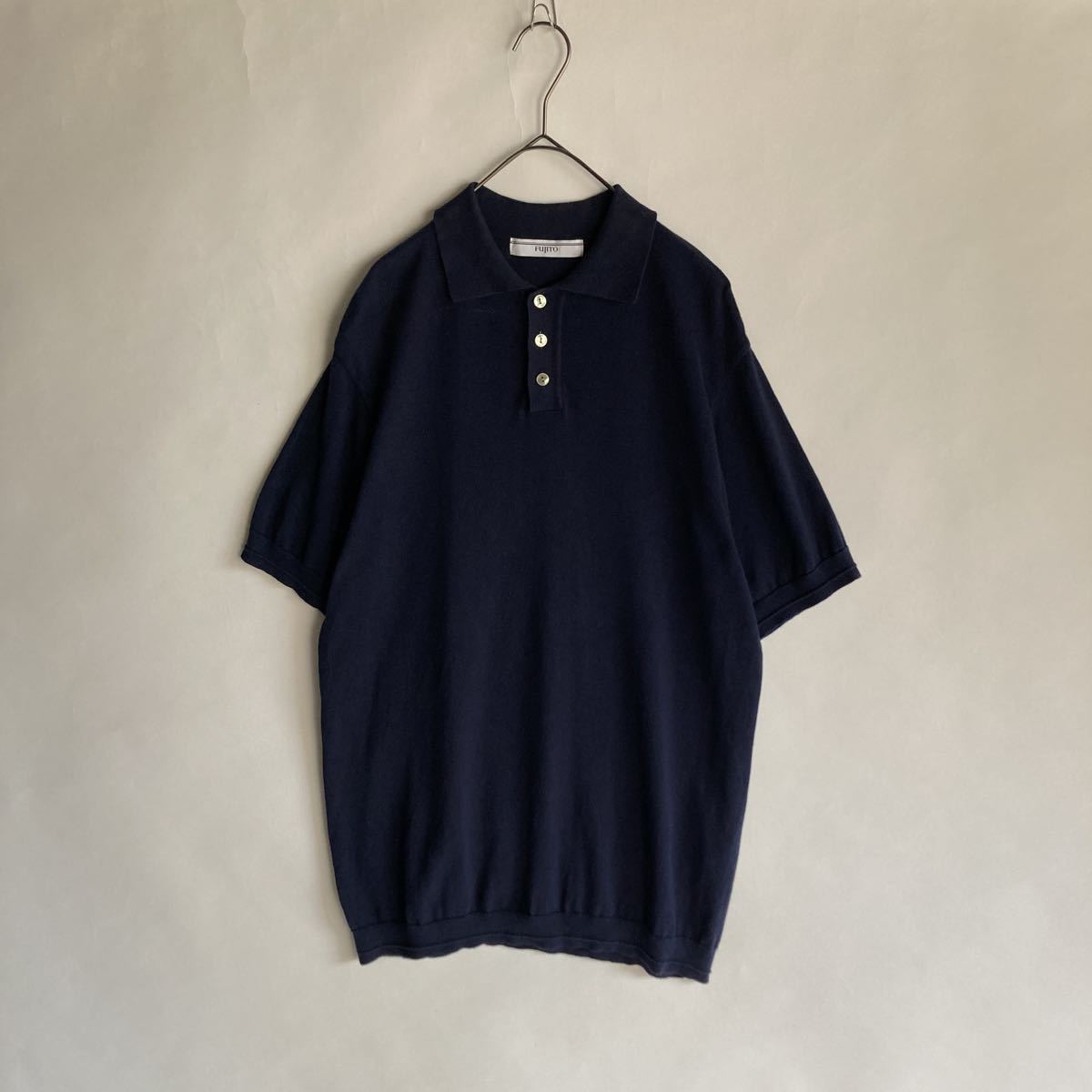 FUJITO 日本製 フジト ハイゲージ コットン ニットポロ ポロシャツ 上品 半袖 ネイビー 無地 ベーシック size 1