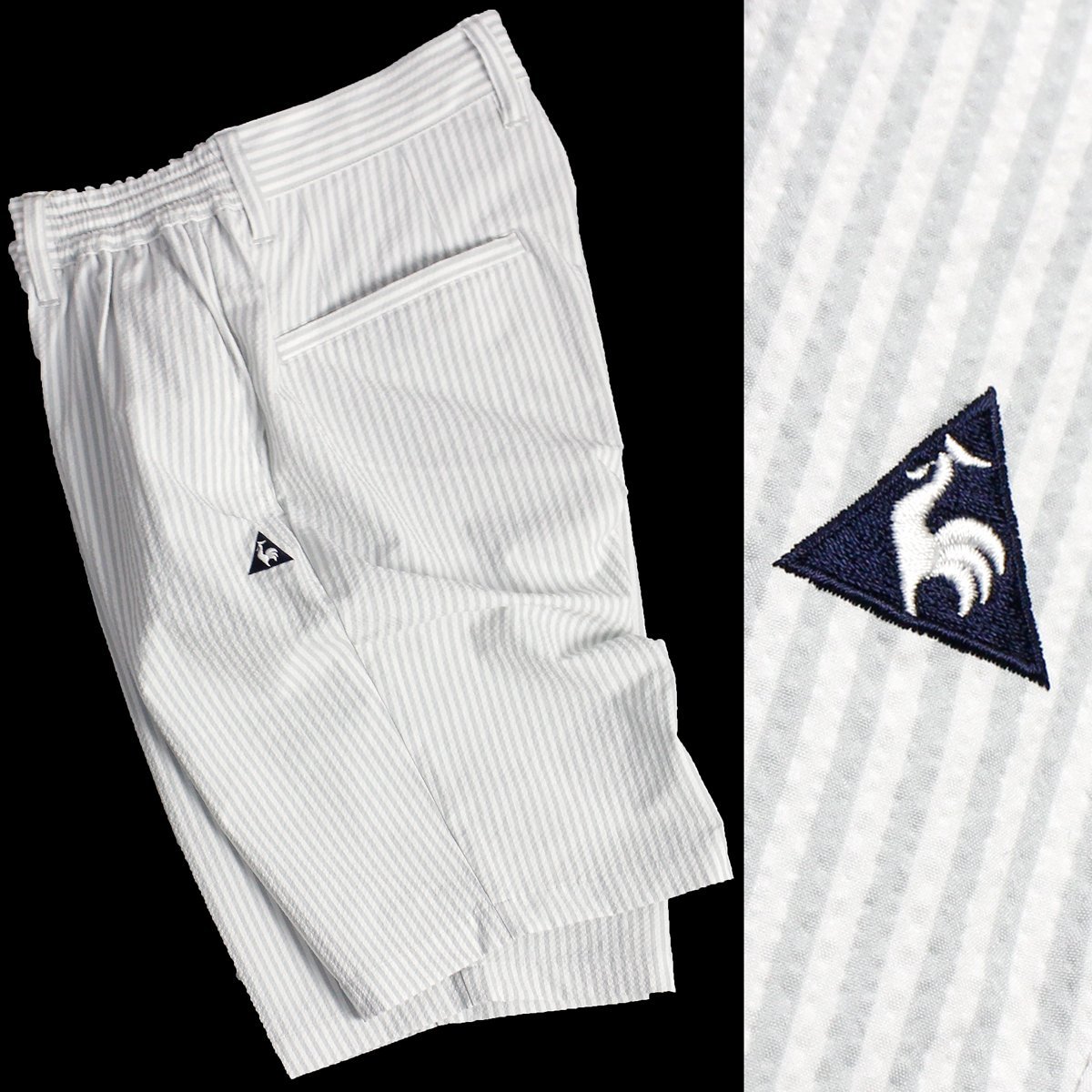 新品 ルコック ゴルフ シアサッカー ハーフパンツ M 盛夏 le coq sportif GOLF メンズ 撥水 ショートパンツ ウェア グレー 白 ◆SL713A